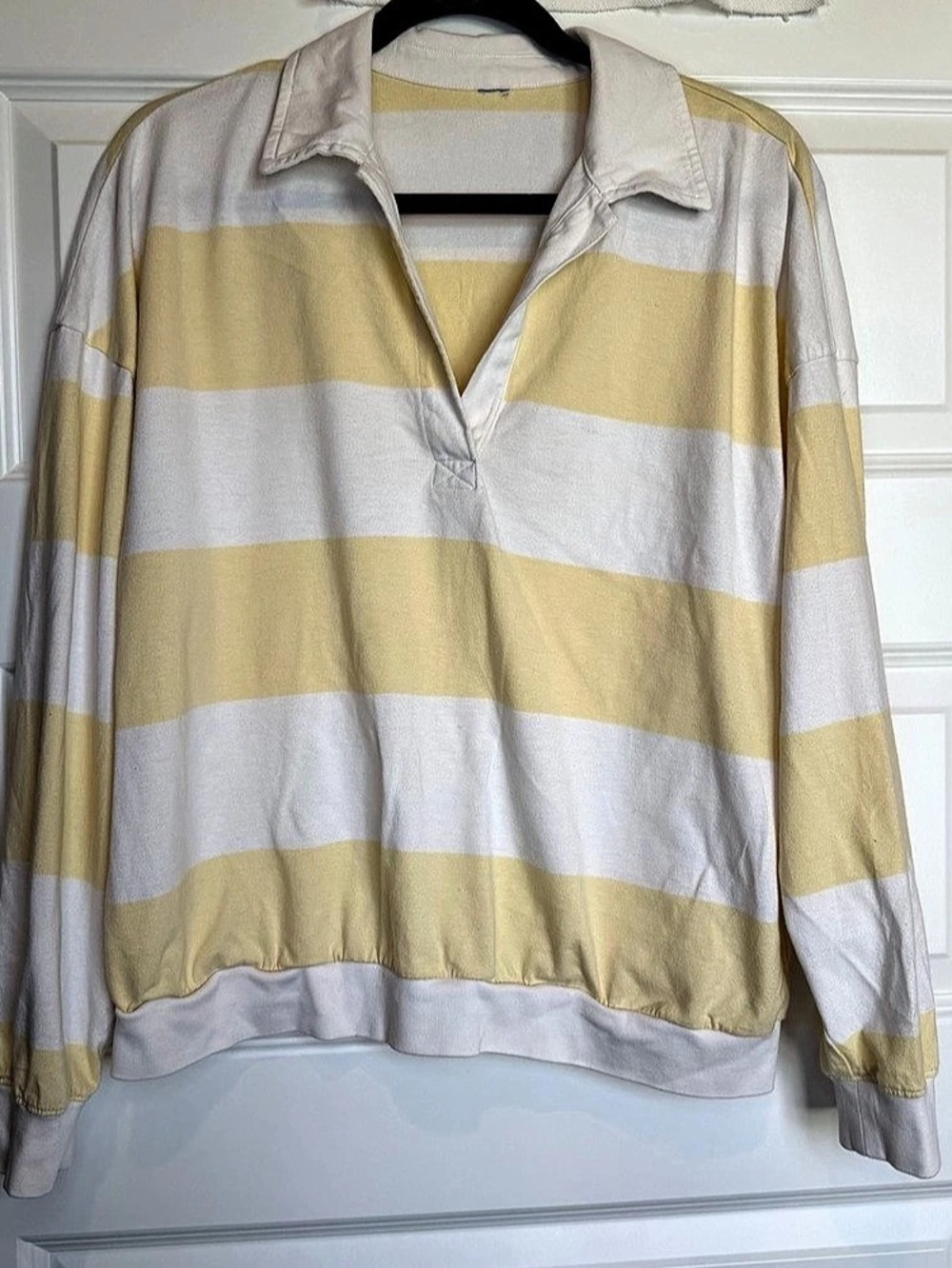 Vintage Womens Yellow White Striped Rugby Shirt Pullover Long Sleeve Preppy 1187
